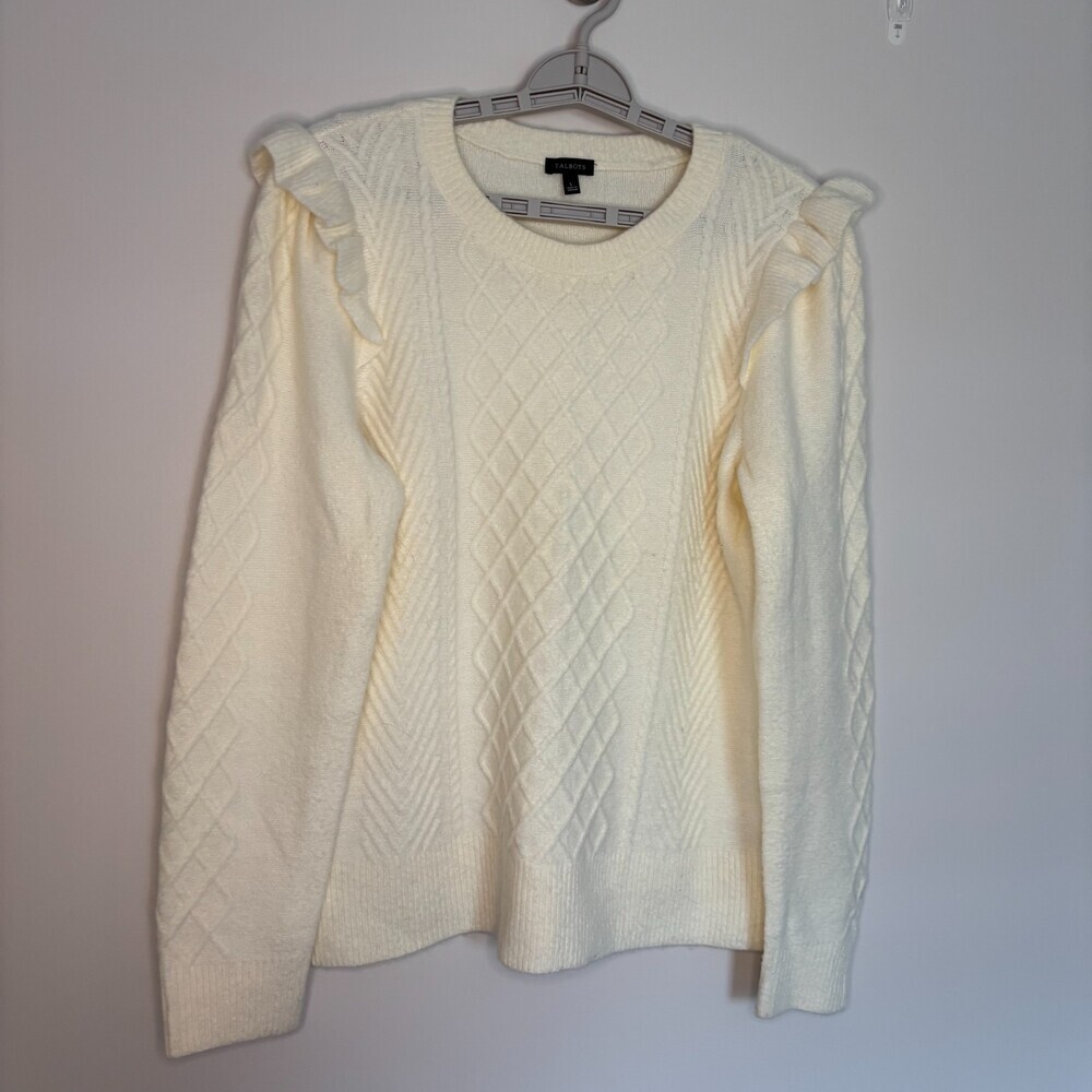 TALBOTS Cable Knit Ruffle Shoulder Sweater Womens L Cream Stretch Ribbed Hem